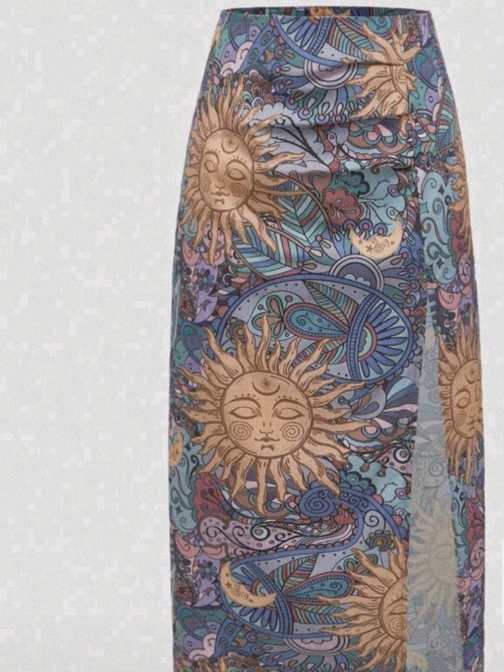 ROMWE Brown & Teal Sun Motif Midi Skirt W/ Quarter Cut And Disguised Back zipper - Picture 2 of 13